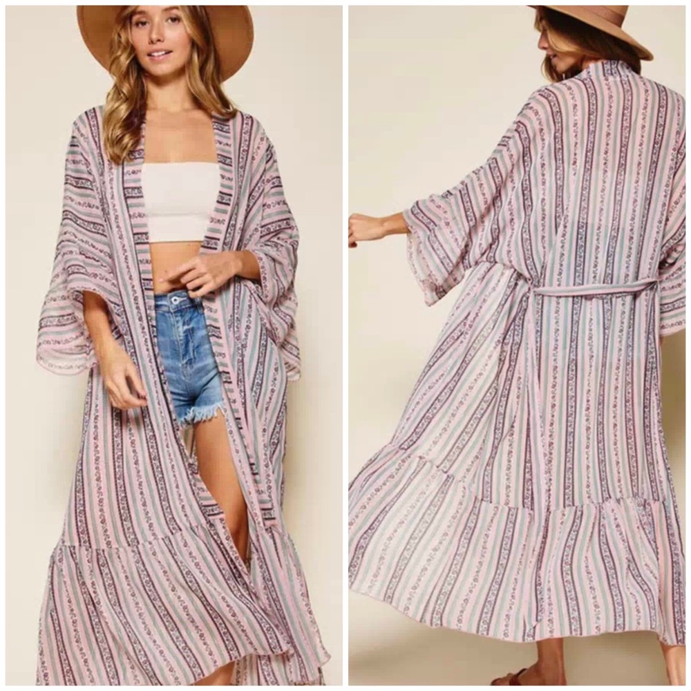 #28 3/4 SLEEVE FLORAL SHIMMER DUSTER CARDIGAN